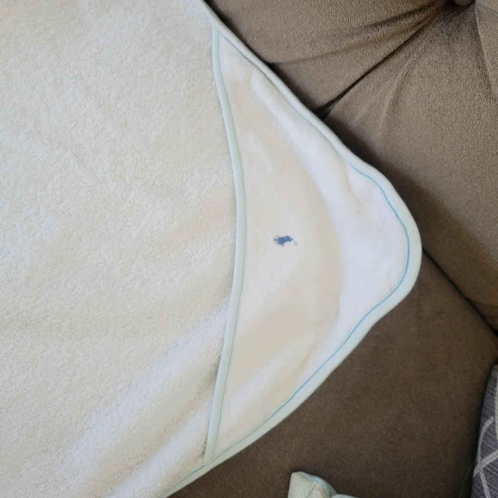 Ralph Lauren White Hooded Baby Towel with Blue Trim